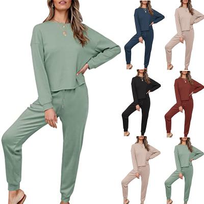 China 2021 QUICK DRY Women's Casual 2 Piece Pajamas Set Homewear For Autumn Waffle Knit Short Sleeve Tops And Loungewear Sleepwear for sale