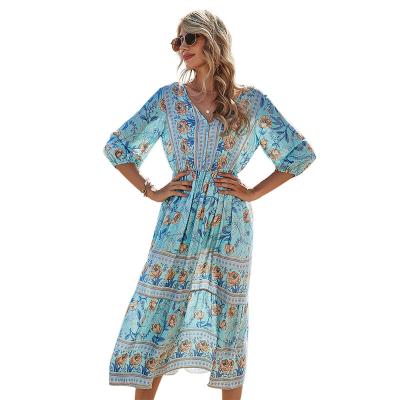 China Breathable Casual Floral Print Women's Retro Bohemian V-Neck Midi Tassel Midi Dresses for sale