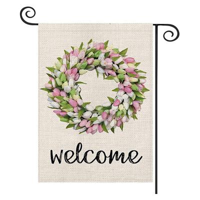 China Two-sided Printing Double Layers Polyester Health Care Institutes Flag Banners Or Tulips And Lily Wreath Garden Flag One Yard Decoration for sale