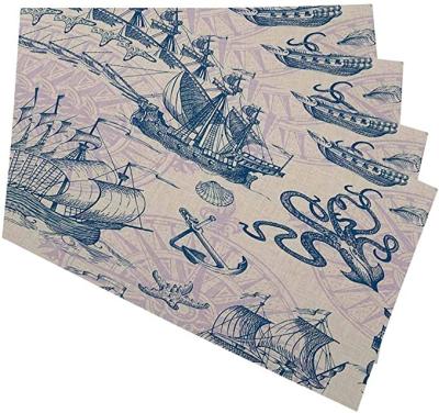 China Health Care Institutes Wholesale Sea Geographic Maps With Old Caravel Vintage Sailboat Sea Monster Table Cloth Place Mat for sale