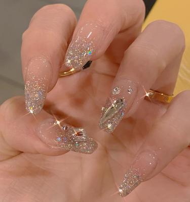 China Easy Apply 24Pcs Rhinestone Glitter French Style Nude Pink Short Square Nail Tips Full Coverage for sale