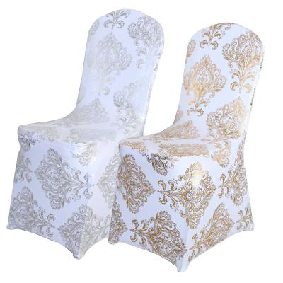 China Simple Universal Gold Spandex Printing Metallic Banquet Chair Covers Damask Stamping Chair Cover For Wedding Party Christmas for sale