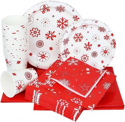 China Disposable Cup Red Tablecloth Paper Tablecloth Theme Christmas Party Dish Kit Snowflake Paper Plate Tableware Set for sale