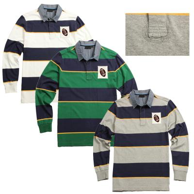 China 100% Breathable Cotton Long Sleeve Wide Striped Rugby Ribbed Knit Collar Polo Shirt for sale