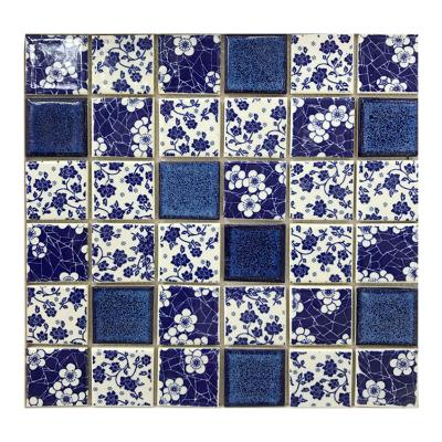 China Wall Floor Swimming Pool Porcelain Chinoiserie Blue And White Mosaics Tile For Bath Pool Square for sale