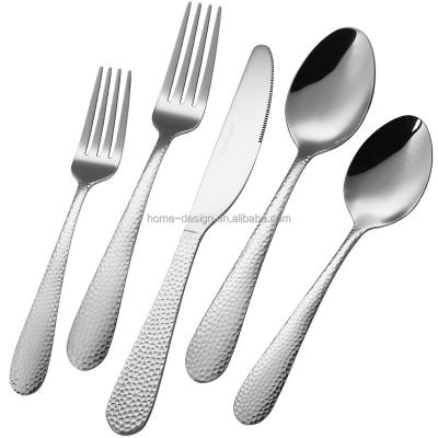 China Sustainable 5-Piece Hammered Stainless Steel Silverware Flatware Set Flatware Includes Knife Fork Spoon Perfect For Home Kitchen Dishwasher for sale