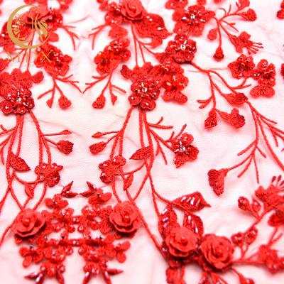 China Schitterende 3D Handwork van Applique van het Borduurwerkkant parelde Rode Kleurenkant Te koop