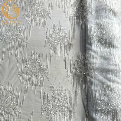 China Mooie Geborduurd Wit schittert de Polyester van de Kantstof MDX 20% voor Kleding Te koop