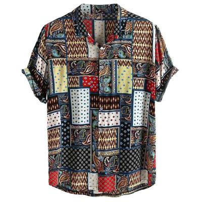 China Men's Vintage Breathable Style Printing Shirt Loose Short Casual Collar Stand Sleeve High Quality High Quality Office Wearing Blouse for sale