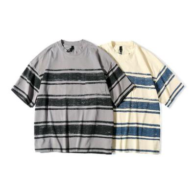 China Summer Breathable Casual Stripe Mens Japanese Style Short Sleeve T-shirts Harajuku Cotton Loose O Neck Tees With Pocket for sale