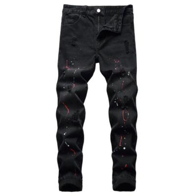 China Wholesale Breathable Mens Ripped Hole Ink Printed Jeans Straight Slim Fit Ripped Mens Black Denim Pants With Pocket for sale