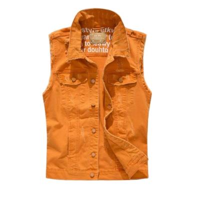 China Autumn Mens Vest Vintage Denim Breathable Jeans Jackets Male Orange Sleeveless Jackets Men Rivet Hole Jeans Vests for sale