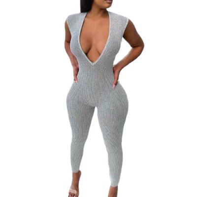 China New Breathable Women Tank Overalls Pencil Pants Summer Solid Sexy Deep V-Neck Backless Romper Sports Stretch Female Overalls for sale