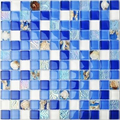 China Beach Blue White Sea Glass Mosaic Tile Sheets , Mosaic Border Tiles For Balcony for sale