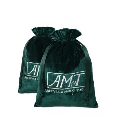 China Reusable High Quality Luxury Dark Green Velvet Bag with Logo Embroidery and Ribbon String for Gathering Things for sale