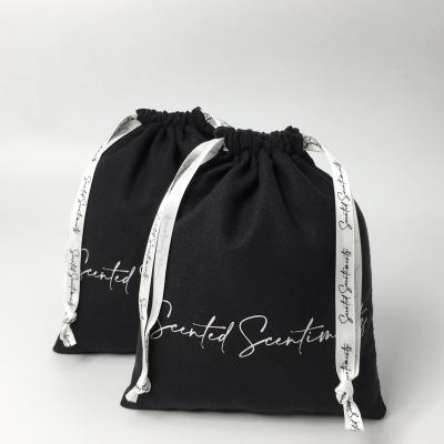 China China Factory Supply White Logo Reusable Silk Screen Printed Velvet Black Bag With Custom Ribbon String for sale