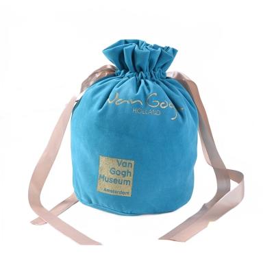 China Reusable Custom Round Bottom Ribbon String Pouch Velvet Drawstring Bag With Hot Stamping Logo For Gifts for sale