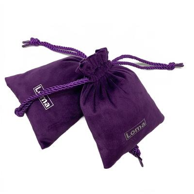 China Reusable Small Quantity Admitted Purple String Purple Drawstring Velvet Bag With Silver Hot Stamping Logo for sale