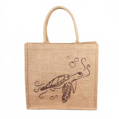 China Custom Logo Silk Screen Printed Burlap Reusable Canvas Tote Bags Jute Shopper Bag for sale