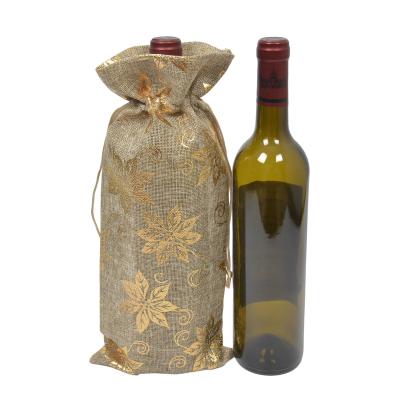 China Reusable Custom Logo Silk Screen Printed Burlap Drawstring Wine Bags Jute Pouches For Christmas Gifts for sale