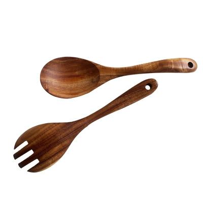 China Sustainable Environmental Friendly Natural Wooden Kitchen Set For Cooking Acacia Wood Cooking Spoon Tongs. Fork set log salad stirring spoon for sale