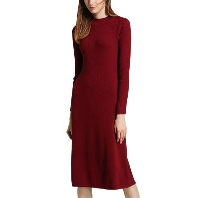 China Anti-Static Women Crew Neck Long Sleeve Wool Blend Knitted Long Rib Sweater Dress for sale