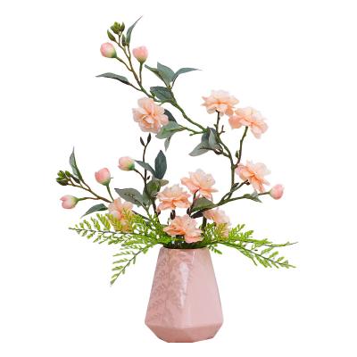 China Silk 2024 Wholesale Camellia flower pumpkin bottle artificial flowers and plants with potted for sale