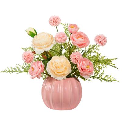 China Silk Wedding table decor Autumn chrysanthemum peony dew simulation plant pot artificial flower for sale