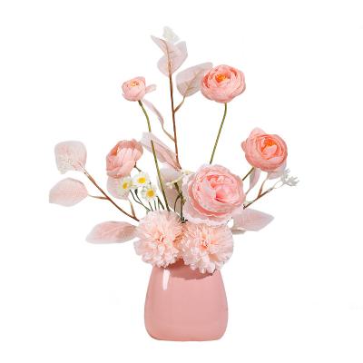 China Silk Modern Embroidered ball dew lotus eucalyptus leaves artificial flower potted plant ceramic vase for sale