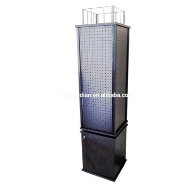 China Rotating Detachable Metal Pegboard Display Stand 4sides Hook Hanging Display Rack With Cabinet Bottom for sale