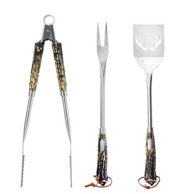 China Easily Cleaned 3 PCS Resin Handle Antler BBQ Tool Kit With Tongs Fork Spatula for sale