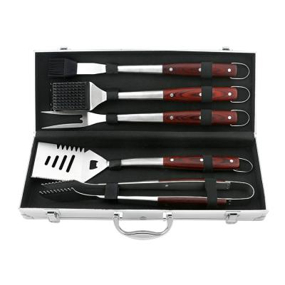 China Easily Cleaned Customize Design Silver/Brown Color Pakka Wood 5pcs BBQ Tool Kit for sale