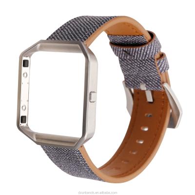 China Durable Denim Pattern Leather Band For Fitbit Blaze Watch Men Women Band Repalement Strap With Metal Frame Case for sale