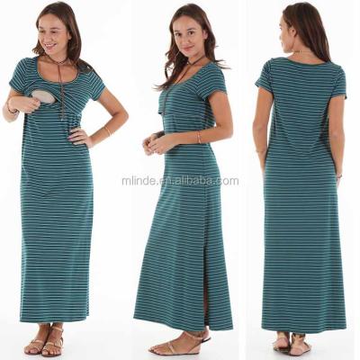 China Scoop Neckline Maxi Dress Woman Green Stripe Breathable Short Sleeves Side Split Maxi Dress Sportswear For Women Nursing for sale