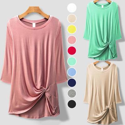 China 95% Anti Pilling Rayon 5% Solid Anti Pilling Spandex Custom Made Women Knit 3/4 Sleeve Front Twisted Knot Top for sale