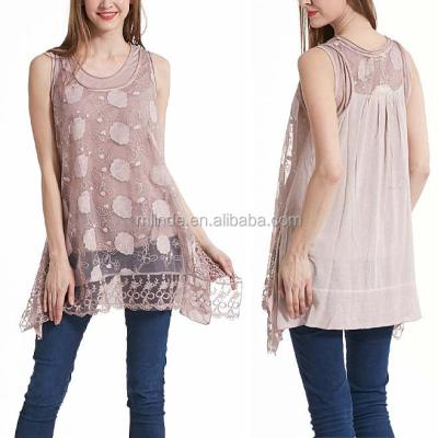 China Rose Floral Lace Breathable Layered Tunic Shirts Sheer Sleeveless Office Wear For Women for sale