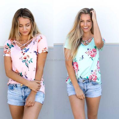 China Breathable Breathable Customize T Shirt Cheap Criss Cross Fancy Floral Tunic Tops for sale