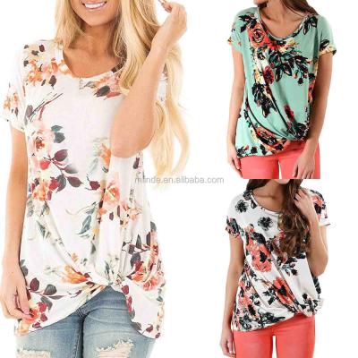 China Anti-pilling anti-pilling western style manufacturer plus size woman summer design pattern knot tunics intact green floral wholesaler for sale