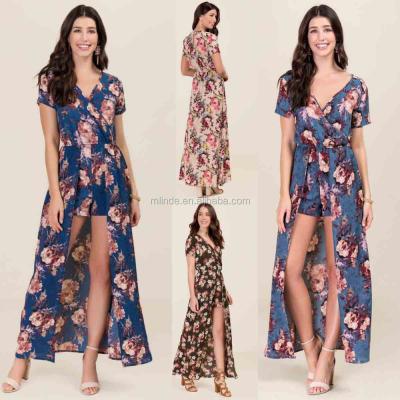 China 2017 New Autumn Fashion Breathable Women Long Romper for 2 pieces plus size Playsuits Maxi Dress Romper floral for sale