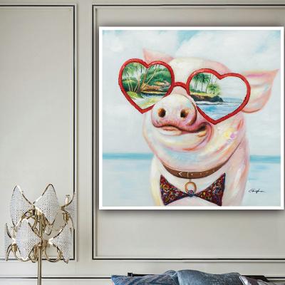 China 100% Hand Painted Modern Oil Painting Cute Pig With Sunglasses Art Living Room Wall Painting Decoration for sale