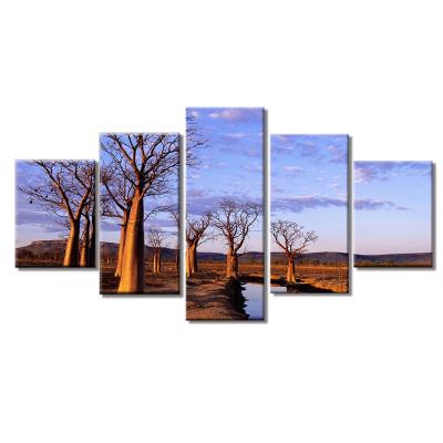 China 5 Piece Modern Panel Trees And Sunset Landscape Canvas Printing Decorative Painting For Wall Art for sale