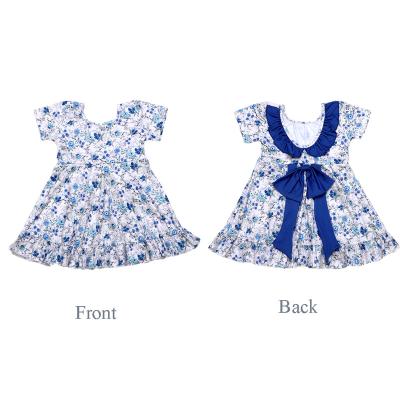 China Baby Backless Dress Washable Blue Floral Print Bow Sleeve Short Dresses for sale