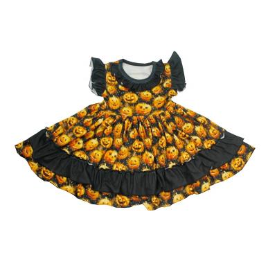 China New Arrival Autumn Floating Sleeve Washable Pumpkin Halloween Ruffles Girl Twirling Dress for sale