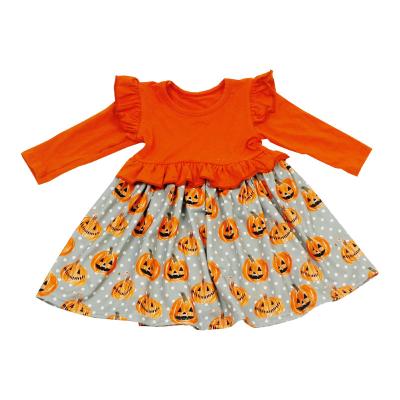 China Washable Orange Patchwork Floating Long Sleeve Halloween Kids Dresses For Girl Fall Clothes for sale