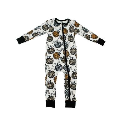 China Polyester/Spandex Boutique Customized Autumn Black Color Pumpkin Printed Zipper Baby Boy Full Length Overalls for sale