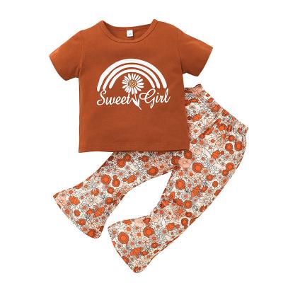 China Breathable Short Sleeve Printed Baby T-Shirt Suits Floral Pattern Kids Two Piece Set for sale