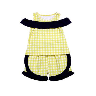 China Casual off-shoulder yellow white plaid printed tops set for girl summer dress set for sale