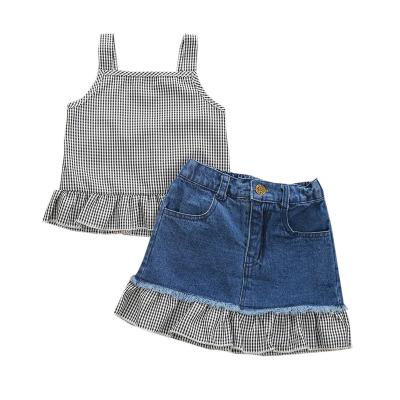 China High Quality Washable Toddler Plaid Pattern Shirt Denim Skirt Girl 2 Pieces Clothing Set for sale