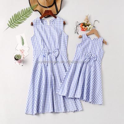 China 2021 New Summer Plaid Bow Pattern Sleeveless Knee Length Family Matching Dress Toddler Viable Clothes for sale