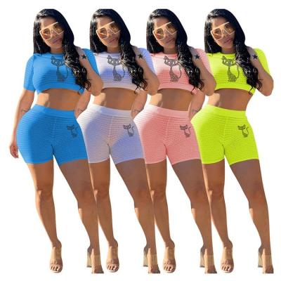 China JOFZ-1016 4 Colors Rhinestone Tracksuits Summer Crop Solid Tops Breathable With Shorts Leisure Sports Womens 2 Piece Outfits for sale